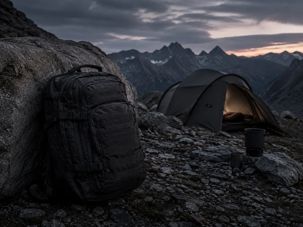Tactical backpack at a rugged mountain campsite with tent and outdoor cooking gear