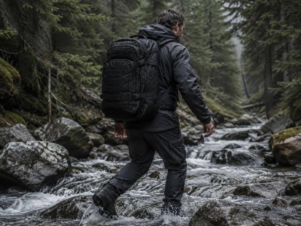 Outdoor hiker wearing a tactical backpack while crossing a rocky forest stream