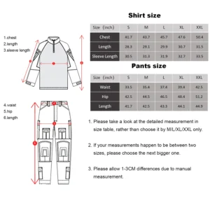 Tactical suit size chart for shirt and pants measurements