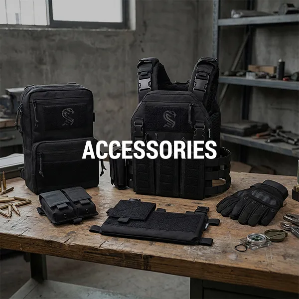 Tactical accessories and modular gear attachments displayed with vest and pouches