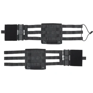 Black Quick Release Cummerbund laid flat showing magnetic buckles, MOLLE webbing, and rear bungee adjustment