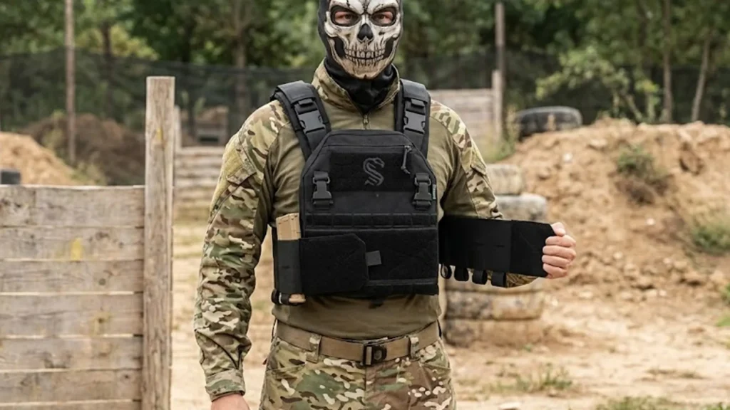 Person wearing tactical vest with elastic cummerbund opened to show front attachment panel