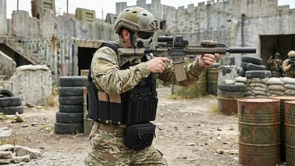 Tactical vest with elastic side cummerbund worn during outdoor training scenario