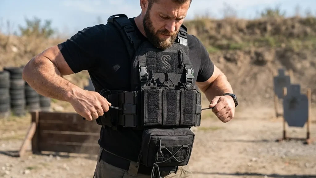 Outdoor training scene with man adjusting tactical cummerbund side release cords on black plate carrier