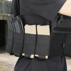 Side view of tactical vest cummerbund holding rifle magazines in elastic pockets