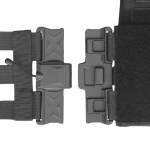 Open magnetic buckle connection on black Quick Release Cummerbund with hook-and-loop front panel