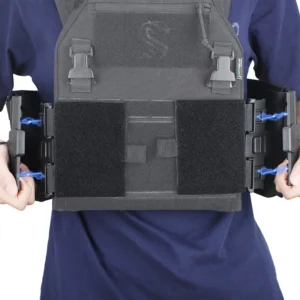 Front view of plate carrier with Quick Release Cummerbund being pulled open from both sides