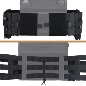Tactical plate carrier with black cummerbund installed showing front hook-and-loop panels and side buckle system