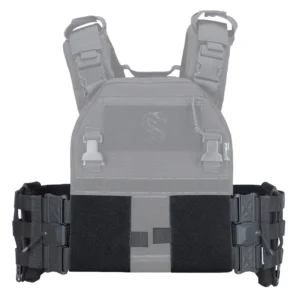 Black tactical cummerbund installed on plate carrier with side plate pockets and magnetic release buckles