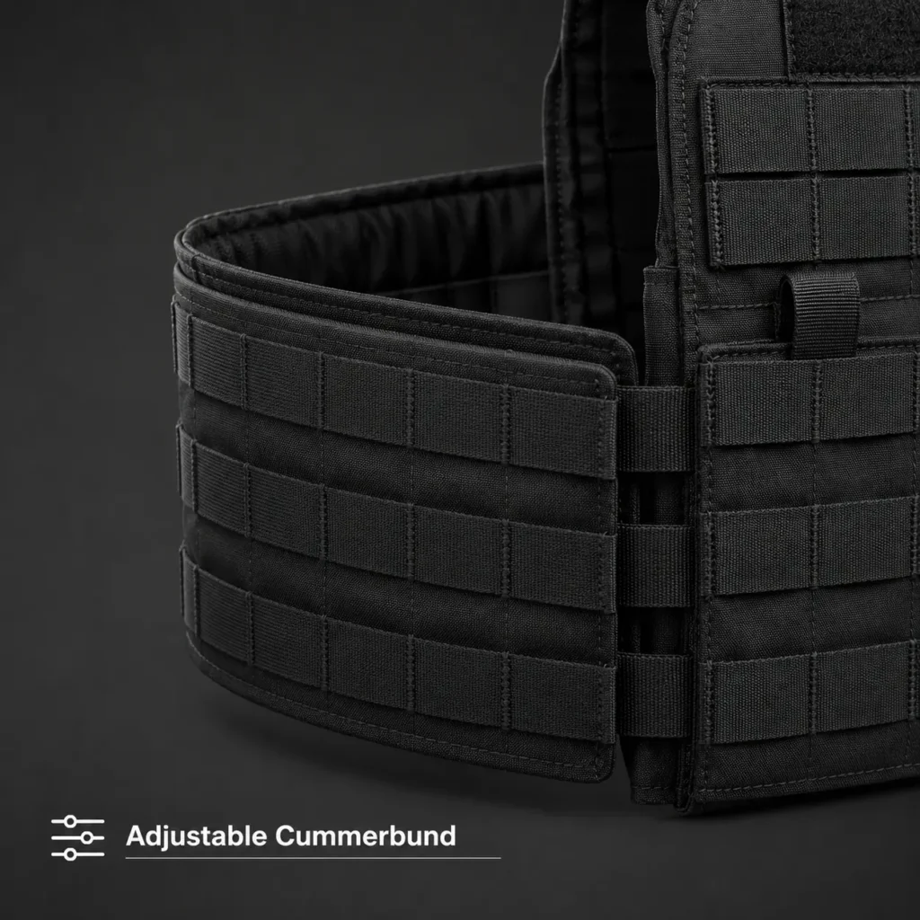 Adjustable elastic cummerbund on a black plate carrier for secure side fit