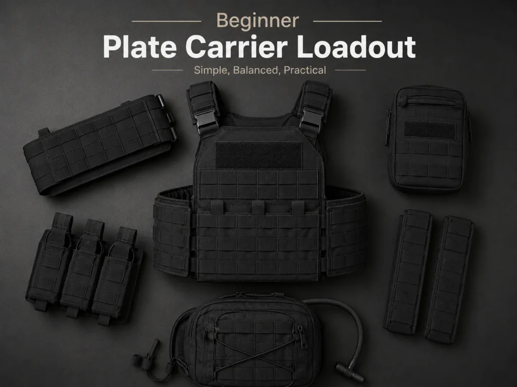 Beginner plate carrier loadout with cummerbund magazine pouches utility pouch and shoulder pads