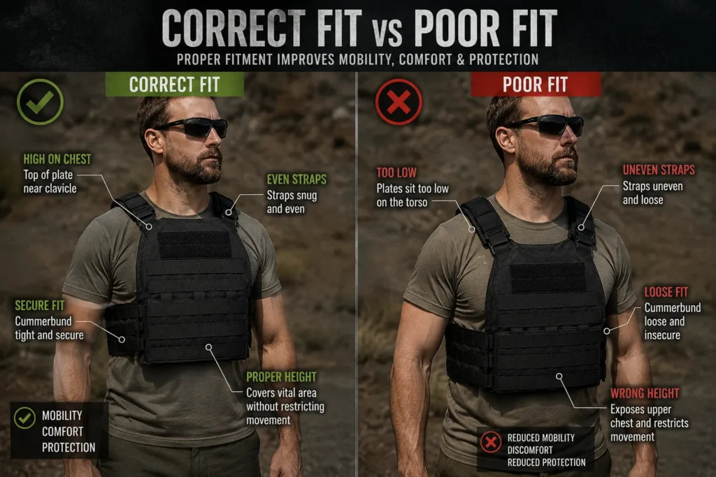 Correct versus poor plate carrier fit comparison showing proper chest height and loose low fit mistakes