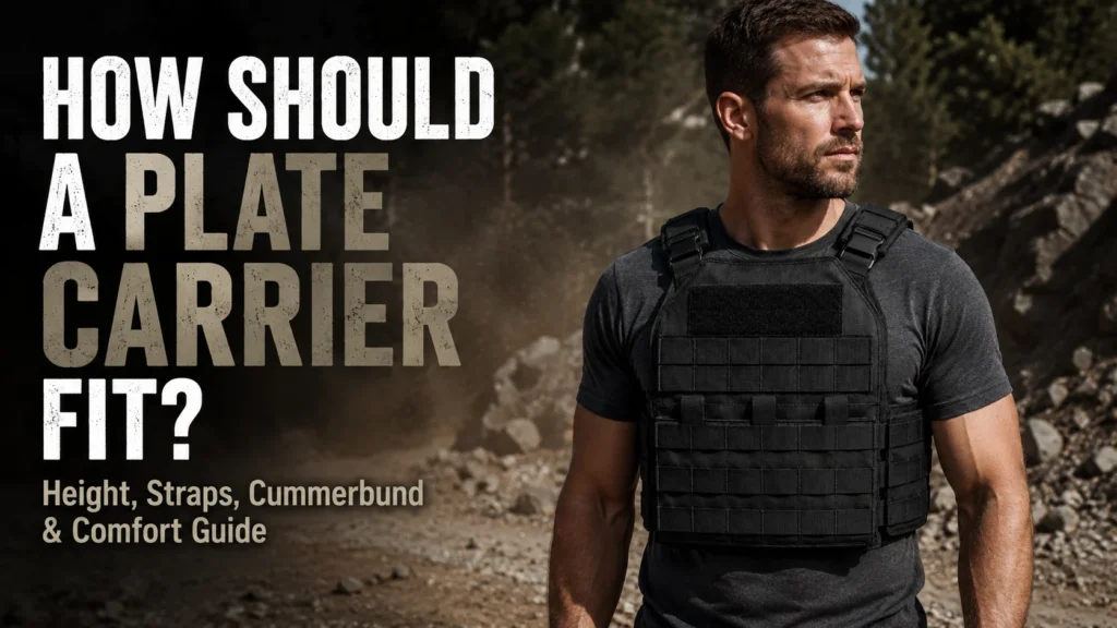 Outdoor plate carrier fit guide showing a black tactical plate carrier worn high on the chest