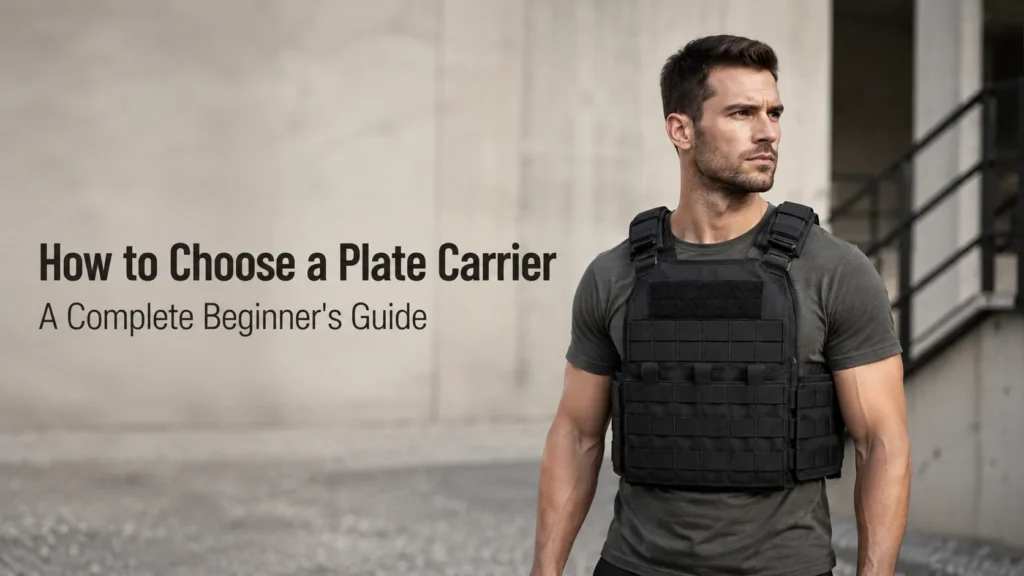 Black plate carrier worn by a model for a beginner gear selection guide