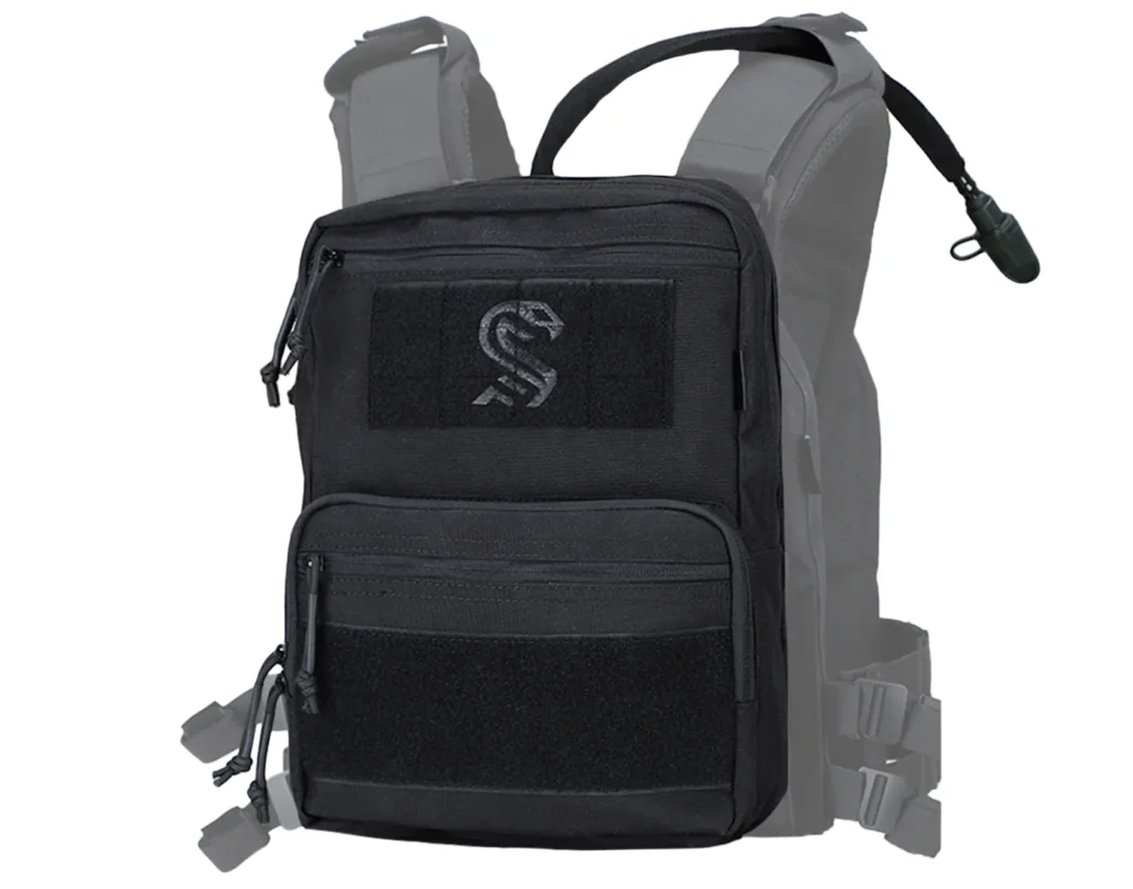 Plate carrier admin utility pouch front panel with zipper pockets, hook-and-loop patch area and hydration tube detail. 