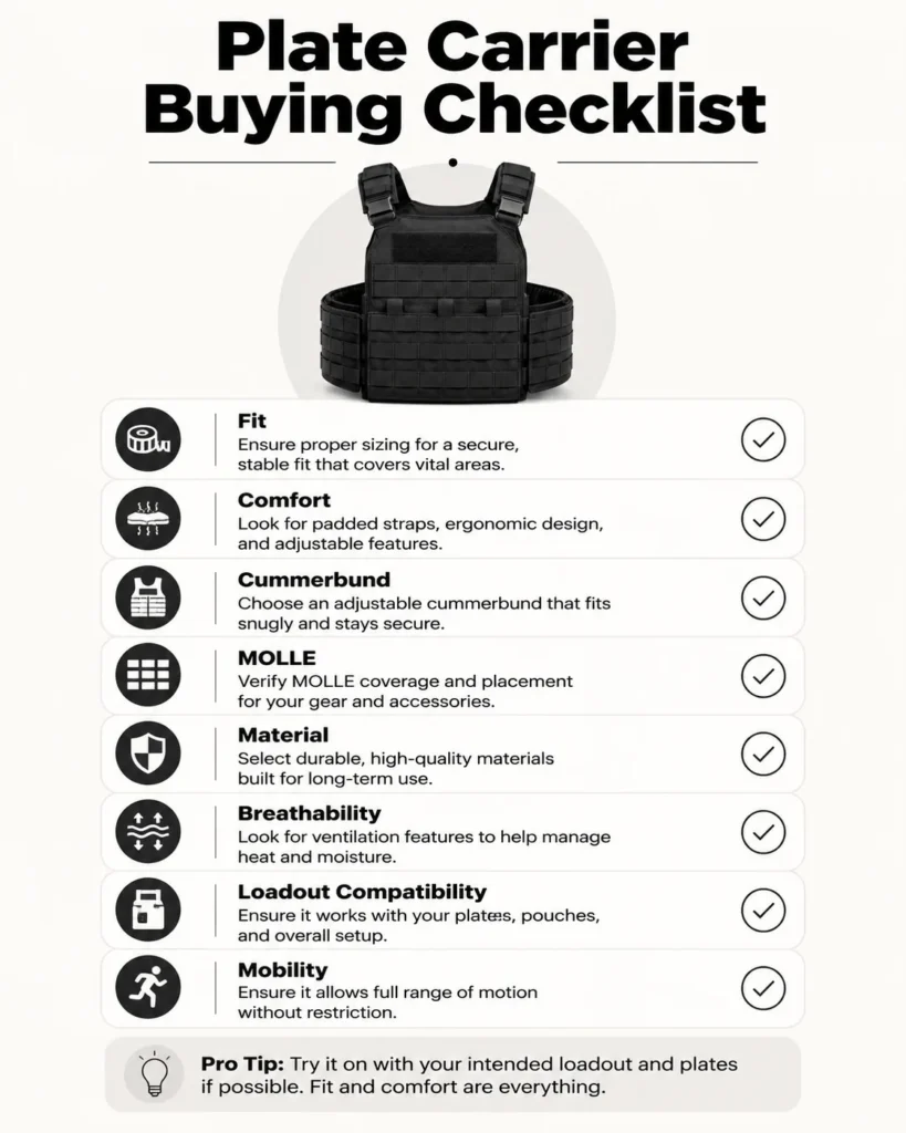 Plate carrier buying checklist with fit comfort MOLLE cummerbund material and mobility tips