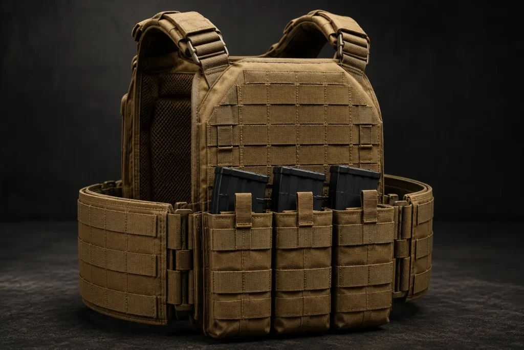Close up of a plate carrier with MOLLE webbing cummerbund and magazine pouches