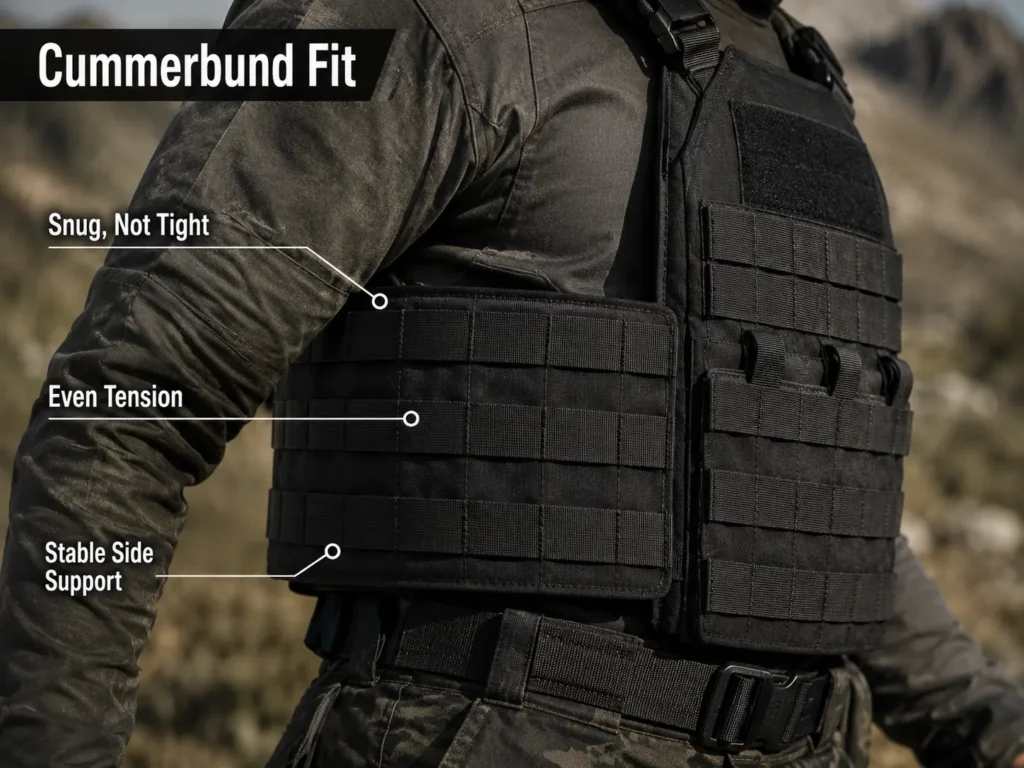 Close-up of plate carrier cummerbund showing snug fit, even tension, and stable side support