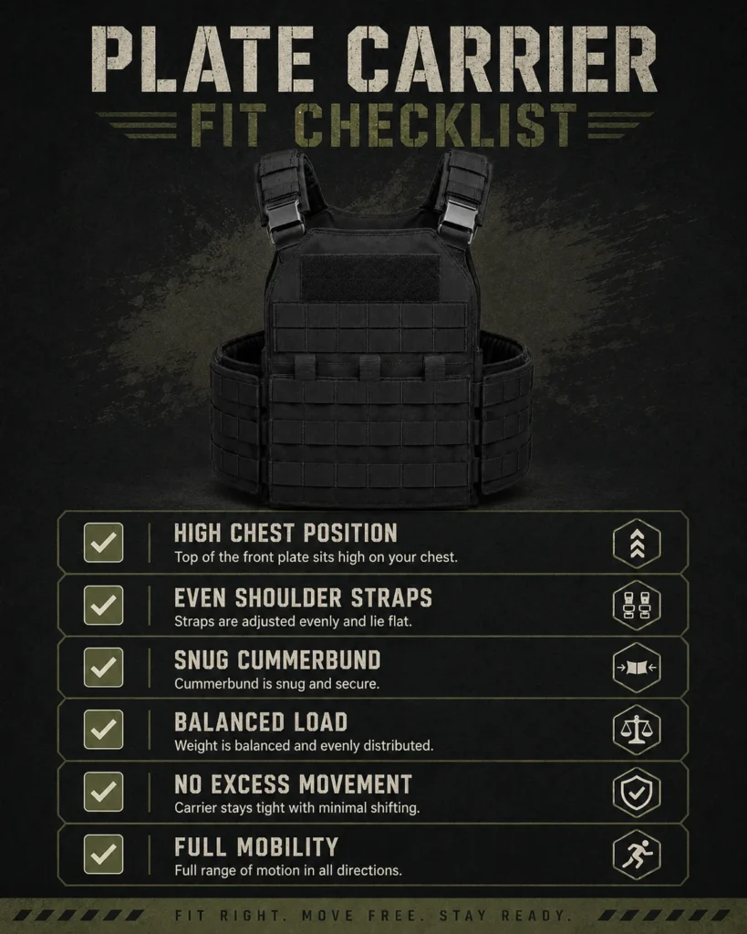 Plate carrier fit checklist showing high chest position, even shoulder straps, snug cummerbund, and full mobility