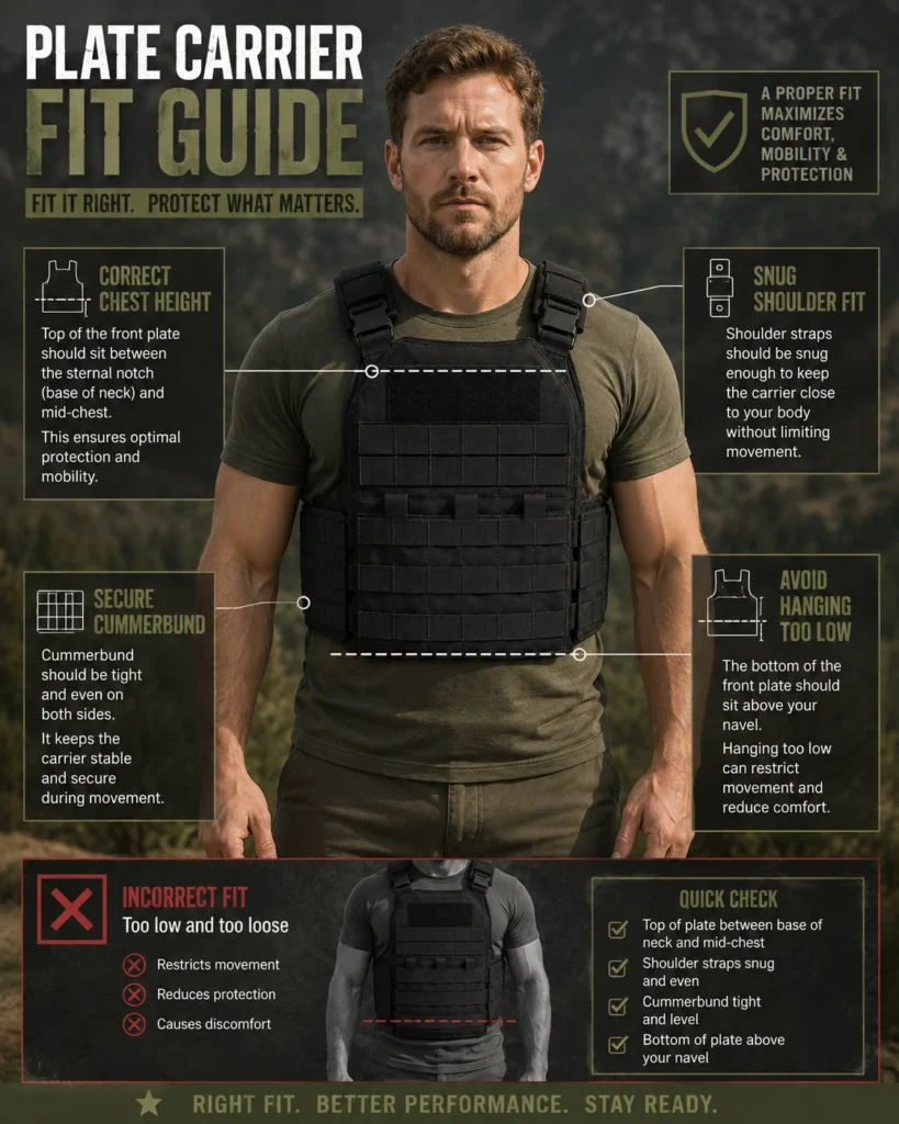 Plate carrier fit guide showing correct chest height, shoulder strap adjustment, and secure cummerbund fit