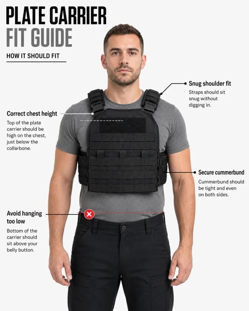 Proper plate carrier fit showing correct chest height shoulder adjustment and cummerbund position