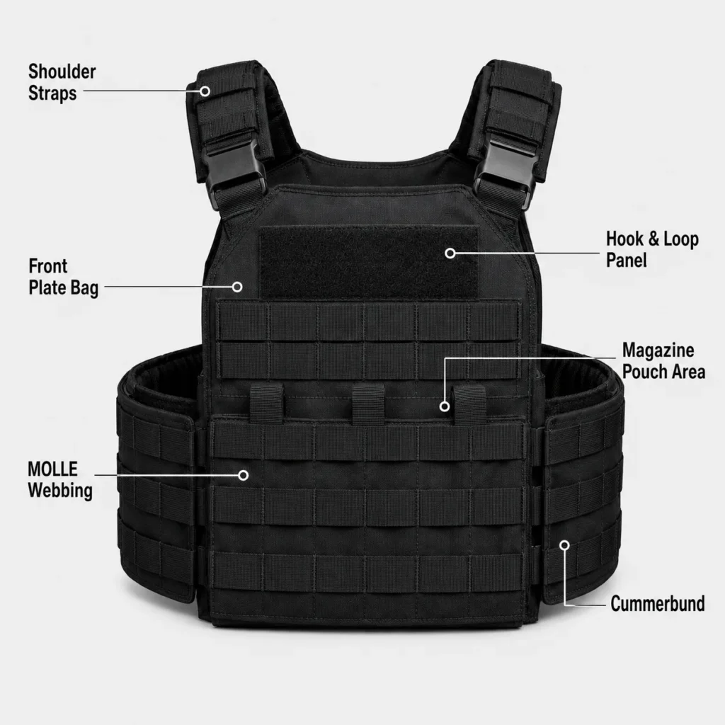 Plate carrier parts diagram showing shoulder straps MOLLE webbing cummerbund and front plate bag