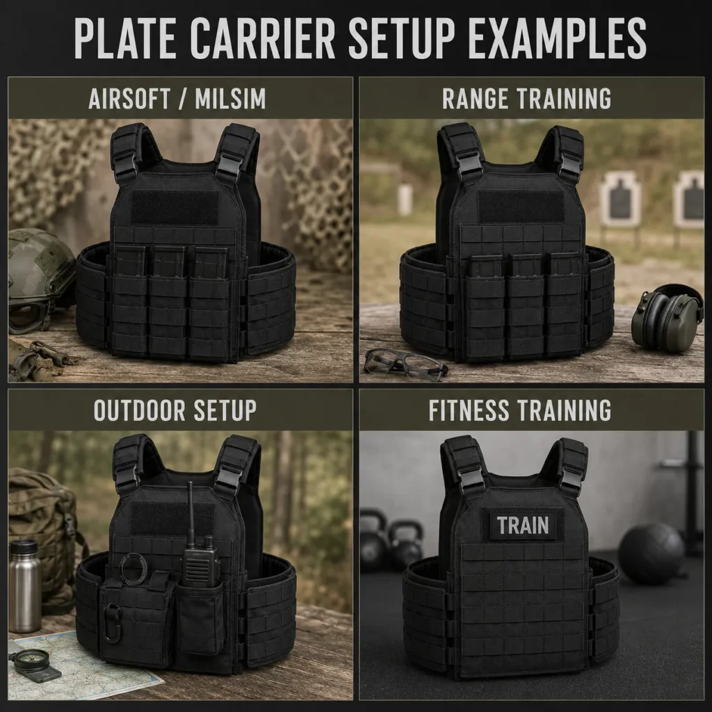 Plate carrier setup examples for airsoft range training outdoor use and fitness training