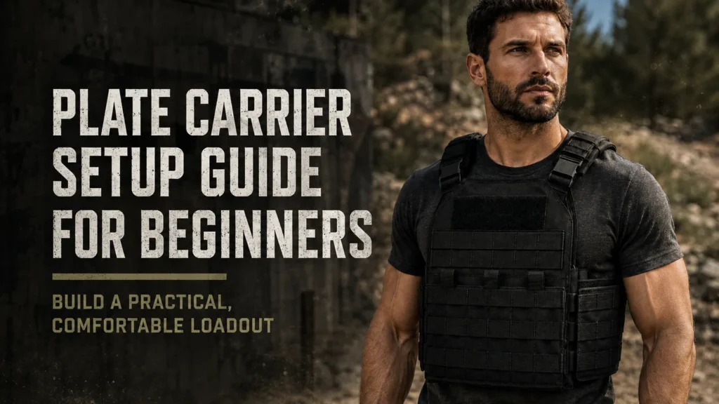 Plate carrier setup guide for beginners hero image showing a man wearing a black plate carrier in an outdoor tactical setting.