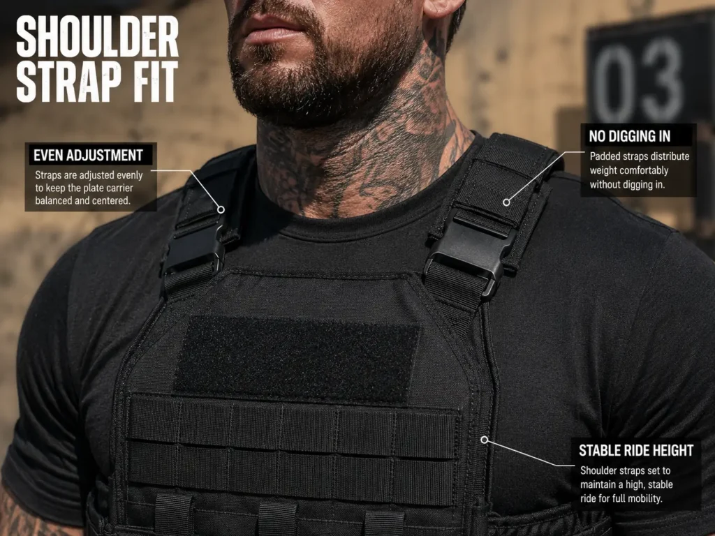 Close-up of plate carrier shoulder straps showing even adjustment and stable ride height
