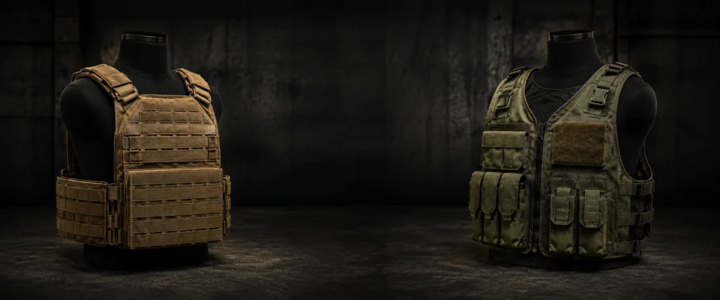Plate carrier and tactical vest displayed on mannequins for tactical gear comparison