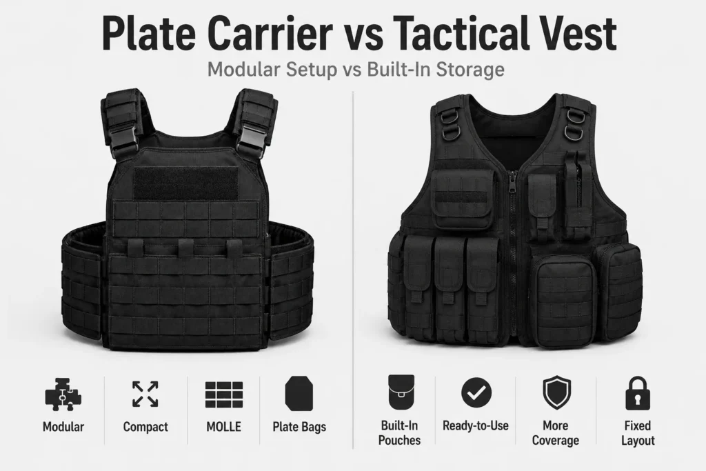 Plate carrier and tactical vest comparison showing modular setup and built in pouch layout
