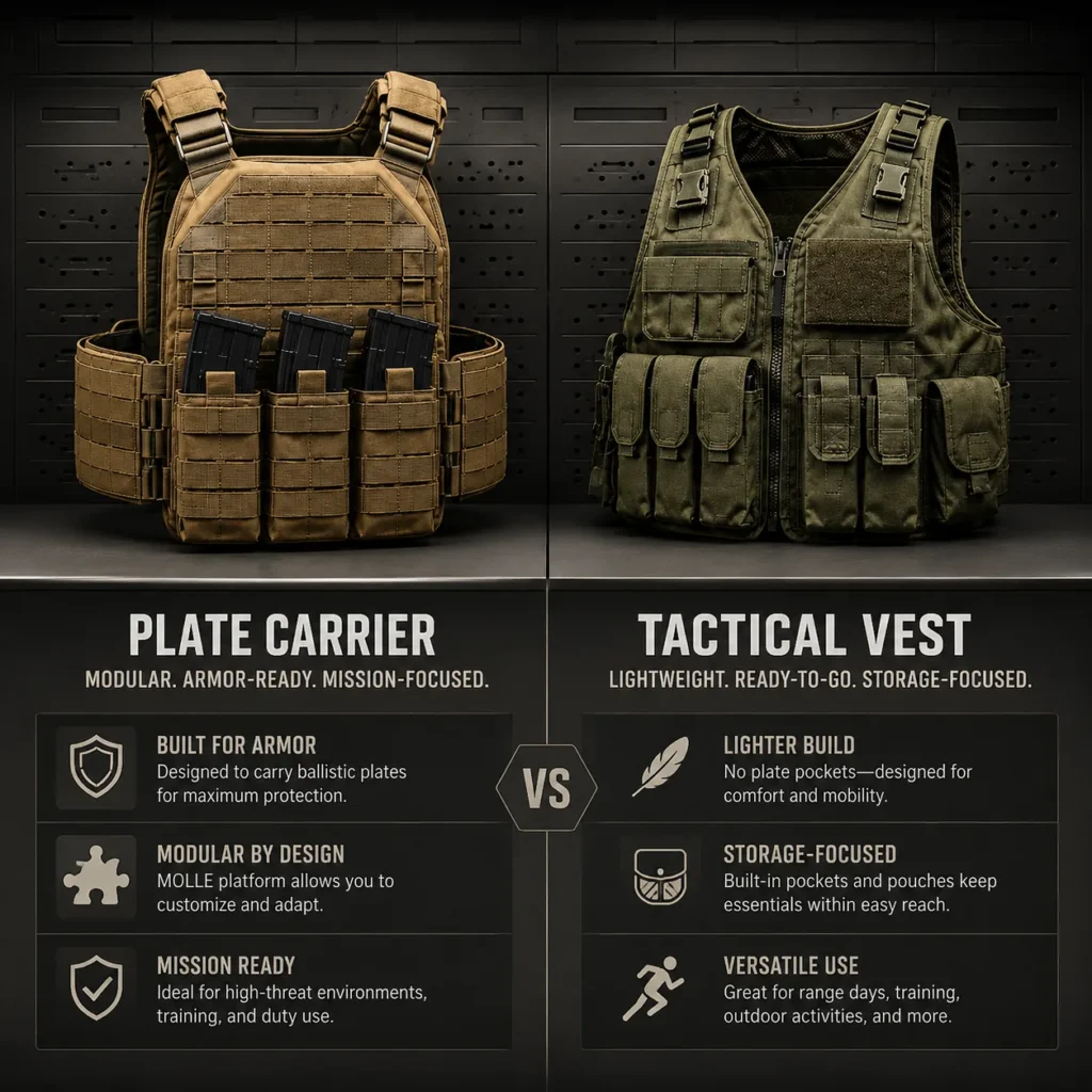 Infographic comparing plate carrier and tactical vest features and use cases