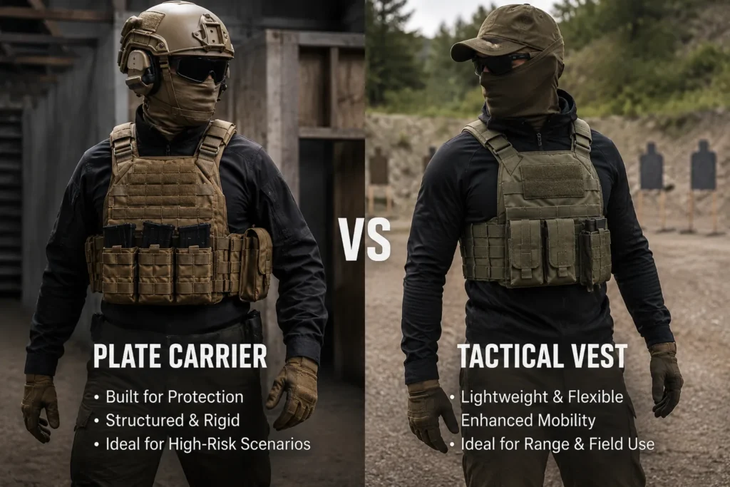 Two tactical users comparing plate carrier and tactical vest in training and outdoor settings