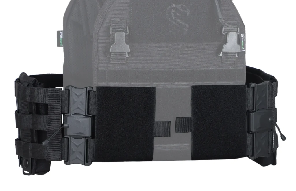 Quick release cummerbund side straps detail for a tactical plate carrier with black buckles and hook-and-loop attachment panels.