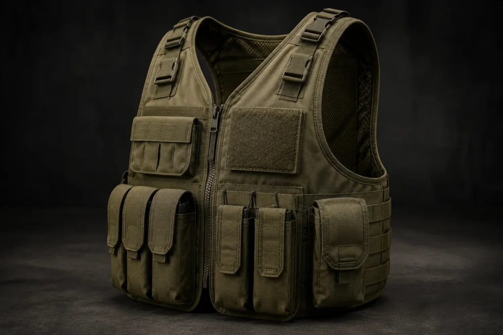 Close up of a tactical vest with utility pouches zipper front and adjustable straps
