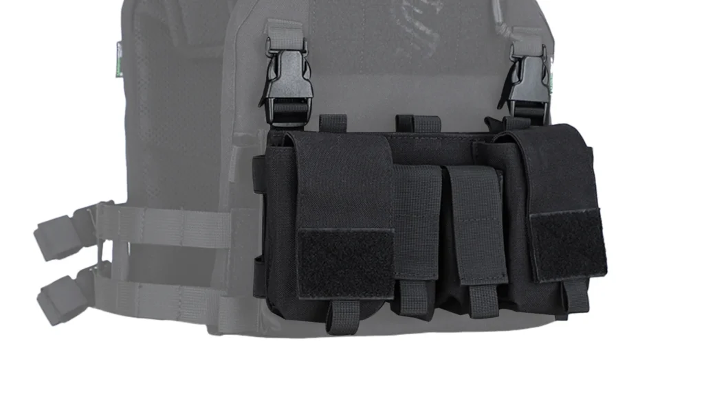 Tactical vest magazine pouch front placard with three black magazine pouches, flap closures and shoulder buckle attachments. 