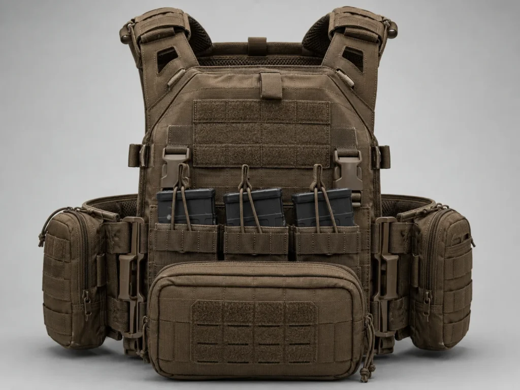Wolf brown plate carrier front product photo with MOLLE webbing, shoulder straps, magazine pouches, cummerbund and utility pouch.