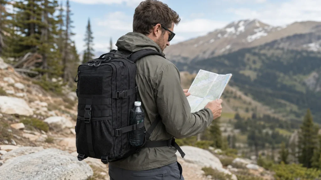 Man wearing a black tactical EDC backpack while reading a map on a mountain hiking trail