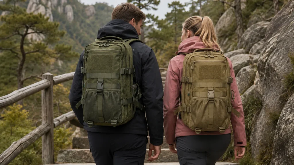 Two hikers wearing green and tan tactical EDC backpacks on a rocky forest trail