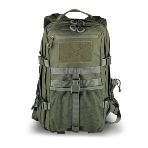 Green tactical EDC backpack front view with MOLLE webbing, hook-and-loop panel and mesh storage pocket