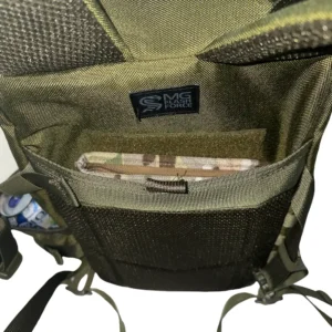 Tactical EDC backpack hydration compartment with internal sleeve and hook-and-loop retention panel