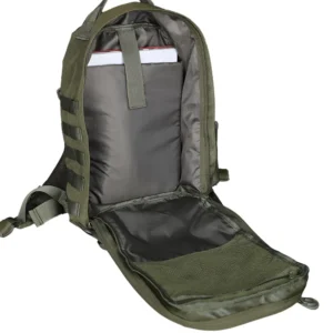Tactical EDC backpack open main compartment with padded laptop sleeve and zippered mesh pocket