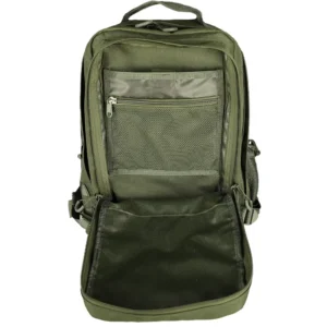 Tactical EDC backpack organizer compartment with zippered mesh pocket and internal sleeve