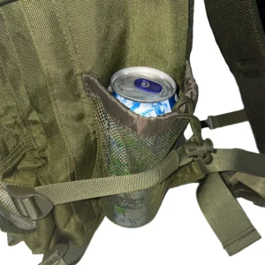 Tactical EDC backpack side water bottle pocket with elastic drawcord and compression strap