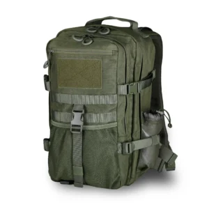 Green tactical EDC backpack three-quarter view with compression straps and side bottle pocket