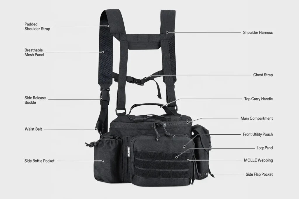 Labeled tactical waist bag diagram showing shoulder harness, chest strap, MOLLE webbing, bottle pocket and utility pouch
