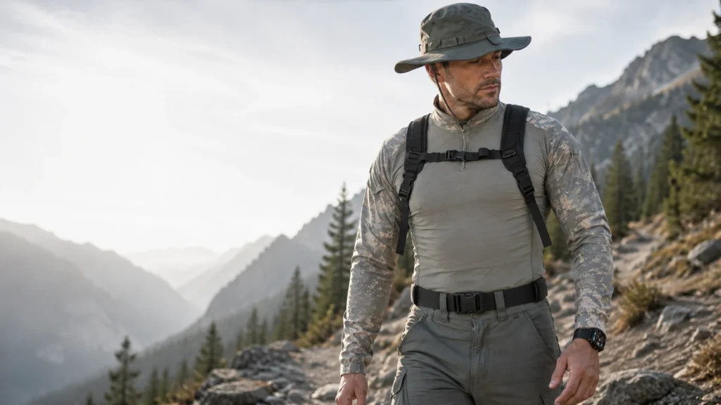 Outdoor hiker wearing a shoulder harness and waist belt on a mountain trail