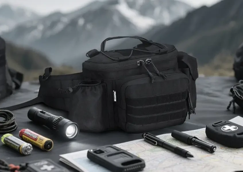 Black tactical waist bag displayed with flashlight, batteries, map, pen and outdoor emergency gear
