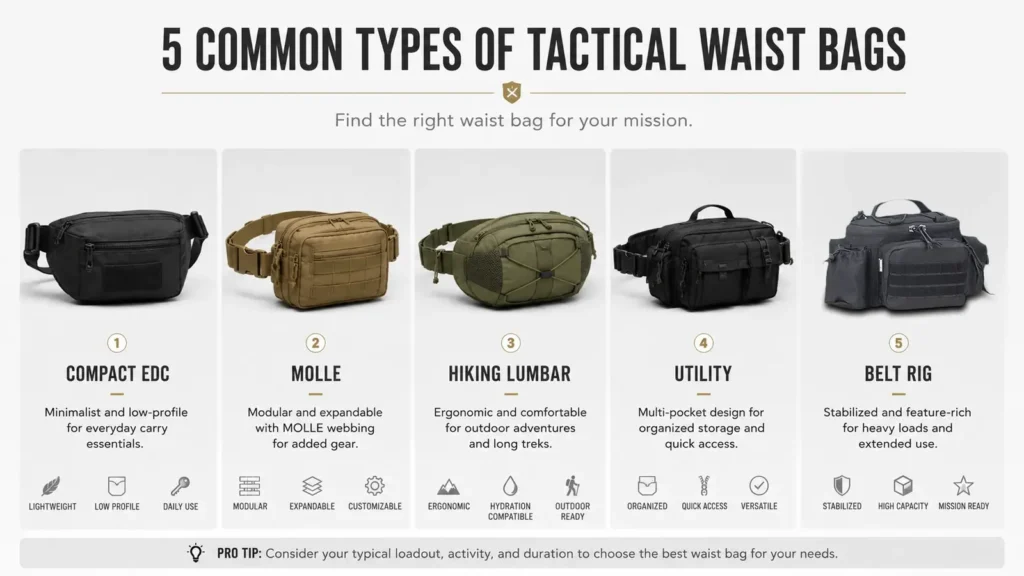 Five common types of tactical waist bags including compact EDC, MOLLE, hiking lumbar, utility and belt rig designs