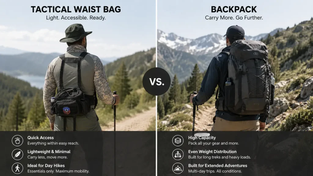 Tactical waist bag versus backpack comparison for day hikes and extended outdoor trips